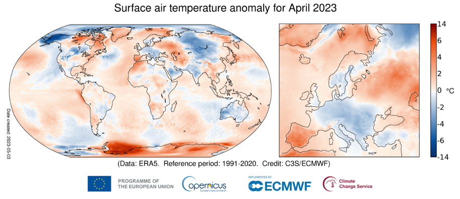 Clima, Il mese di aprile 2023 è stato il quarto più caldo a livello globale. I dati Copernicus